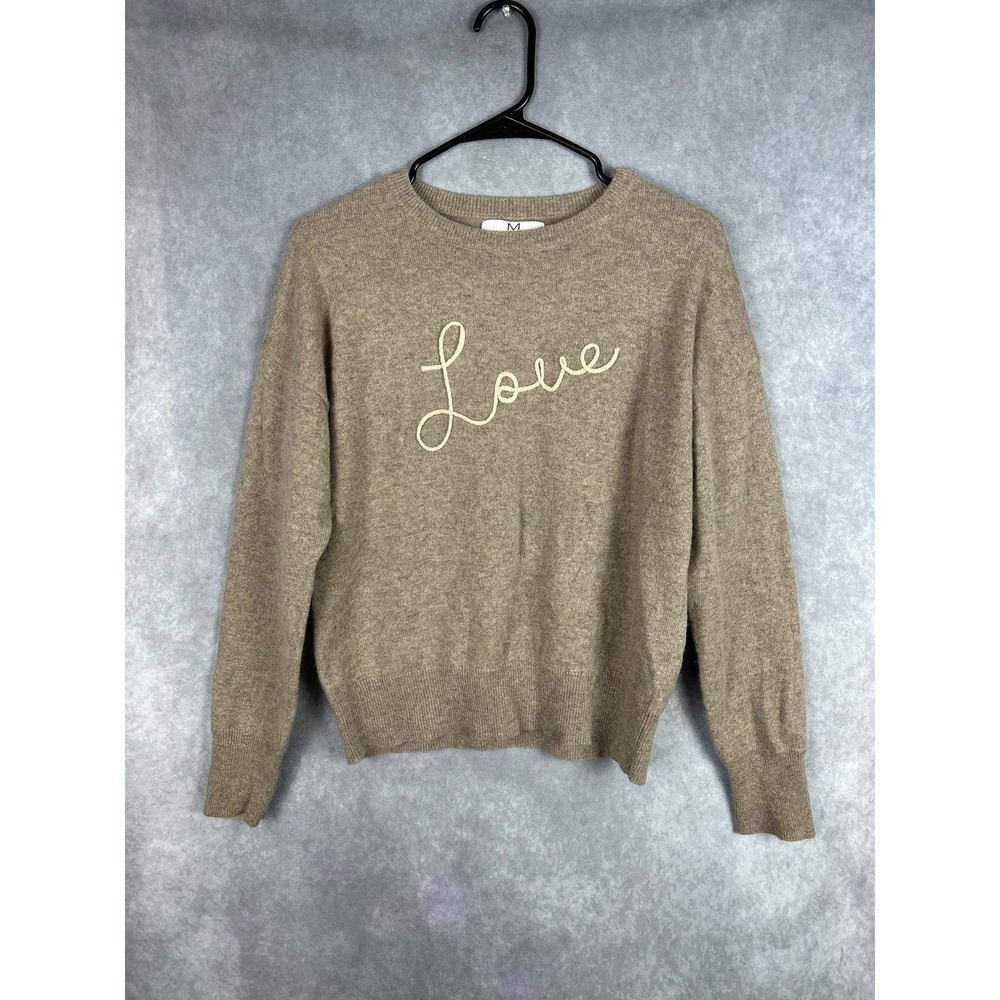 Magaschoni Cashmere Love Script Sweater Oatmeal Tan Crewneck‎ Womens Medium
